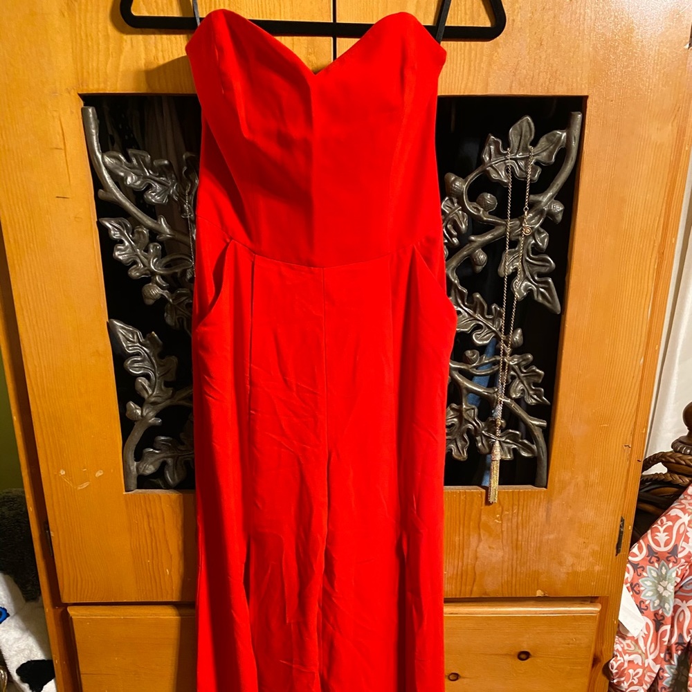 Red Bebe Strapless Jumpsuit